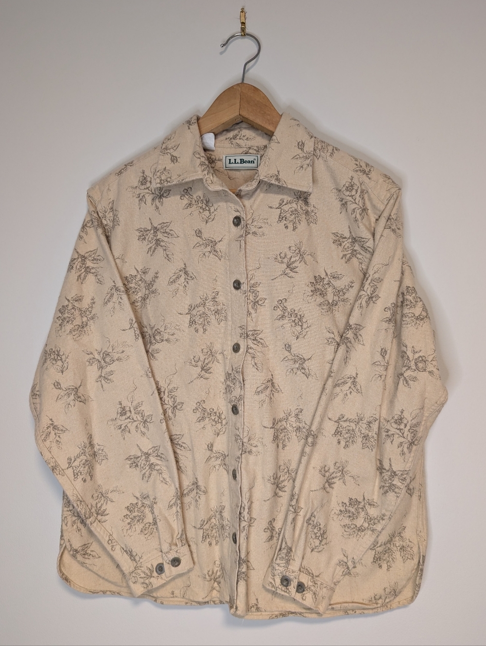 L.L. Bean Women's Cream Floral 100% Cotton Button-Front Shirt